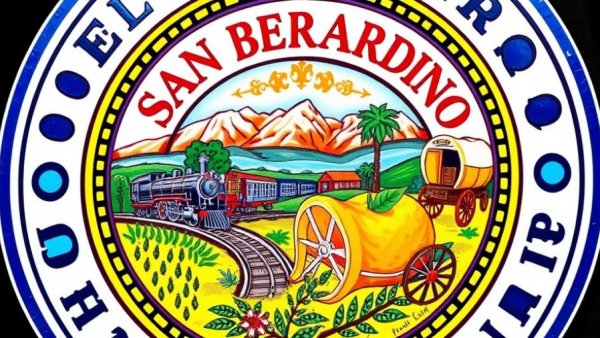 Vibrant San Bernardino city seal with colorful regional elements.