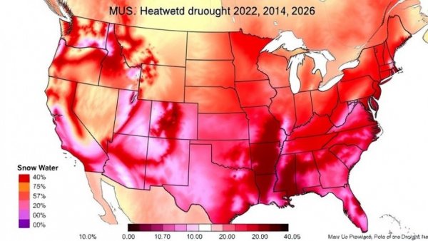 Color-graded drought map showing snow water percentages for March Heatwave 2026.