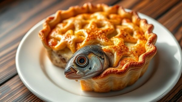 Stargazy Pie at Dean's Pub in a photorealistic style on a wooden table.