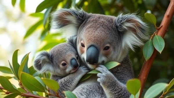Mother koala with joey exploring leaves in a study of wildlife microbiome.