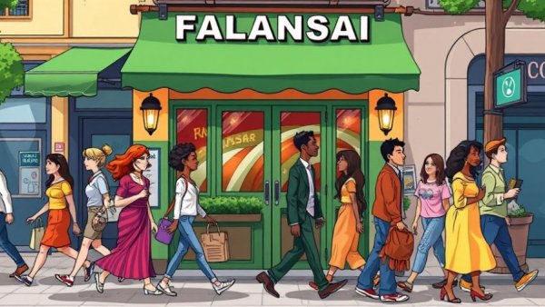 Cartoon street scene with 'FALANSAI' restaurant and pedestrians in NYC.
