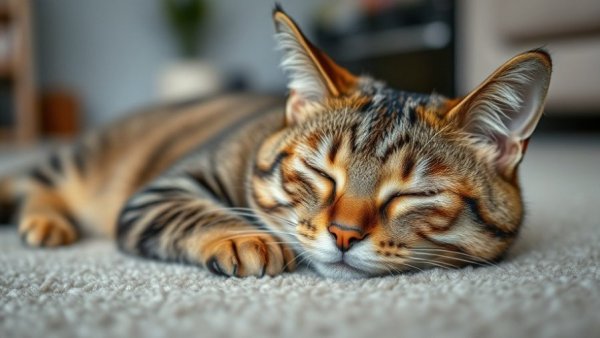 Tabby cat on carpet with serene expression, related to sudden death in cats.
