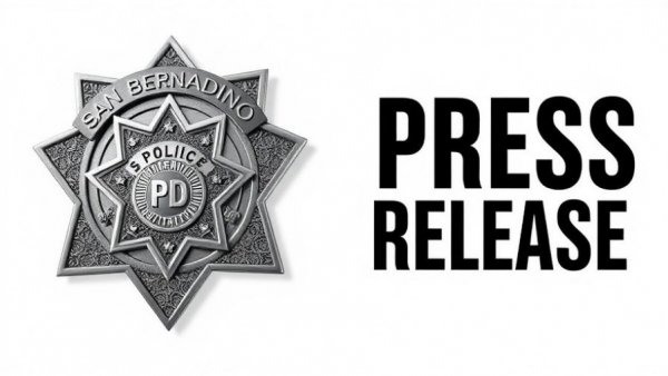 San Bernardino PD badge with text announcing press release about officer involved shooting investigation.