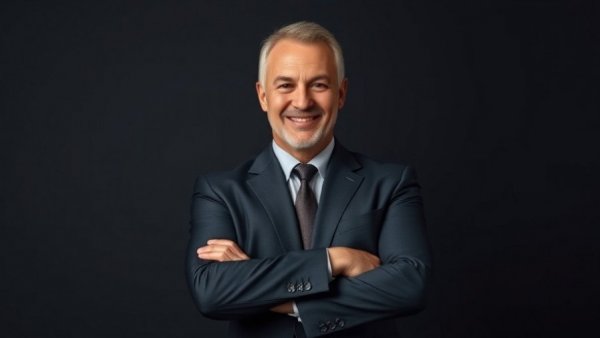 Finance director in formal suit poses confidently