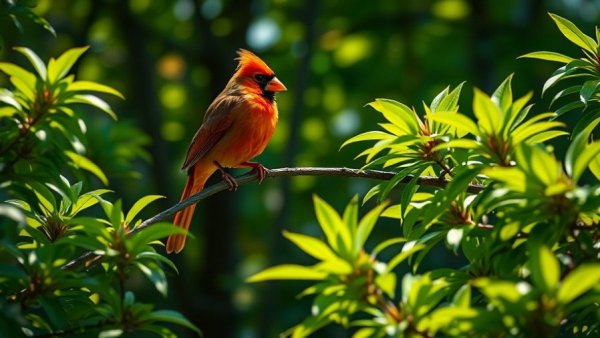 Cardinal nestled in branches amidst lush foliage, pet trust for parrots