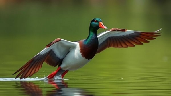 Vibrant male pochard flying over water, capturing endangered bird.