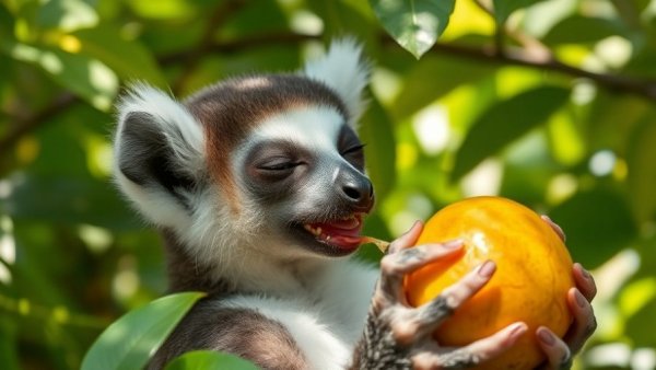 Lemur eating invasive guava in Madagascar, vibrant forest scene.