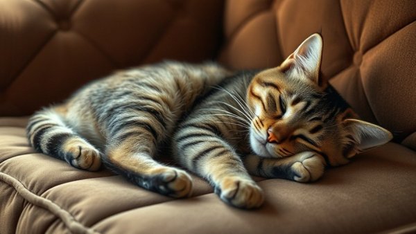 Tabby cat resting on a quilted sofa, why healthy cats sometimes vomit