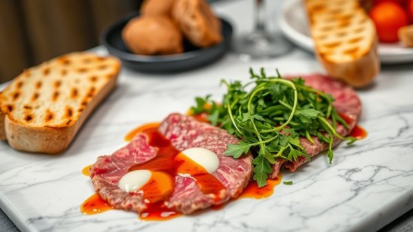 Elegant beef carpaccio with arugula in Miami Dining Scene.