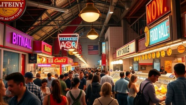 Bustling NYC food hall with patrons and glowing neon signs
