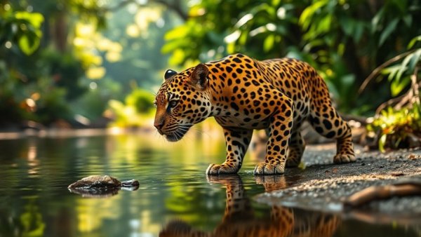 Jaguar at water's edge demonstrating aquatic hunting techniques in jungle.