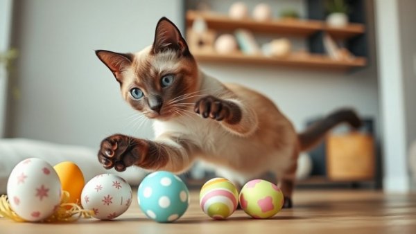 Siamese cat reaching for Easter eggs in photo contest setting