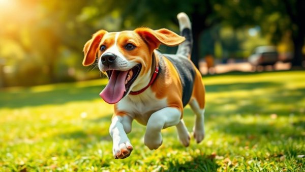 Happy beagle running, flea and tick prevention for dogs in summer.