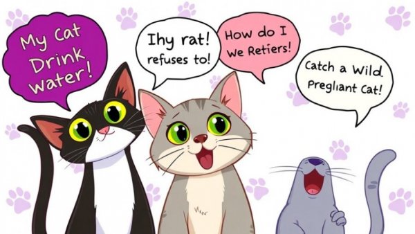 Curious cats with questions about drinking water, Ask a Vet theme.