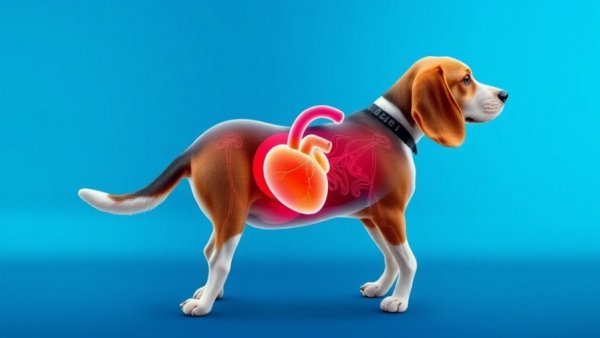 Educational illustration of Beagle with heartworm prevention anatomy.
