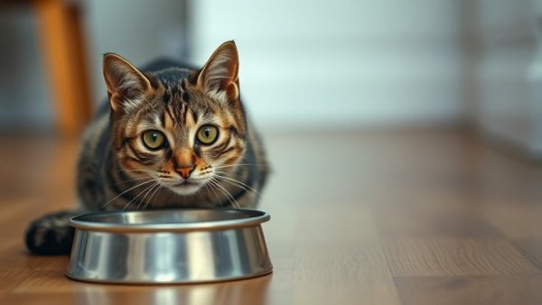 Tabby cat beside an empty bowl symbolizing pet food pantries.
