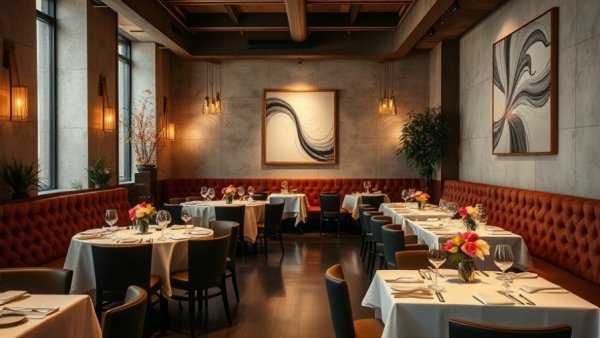 Elegant French restaurant interior in NYC with set tables.