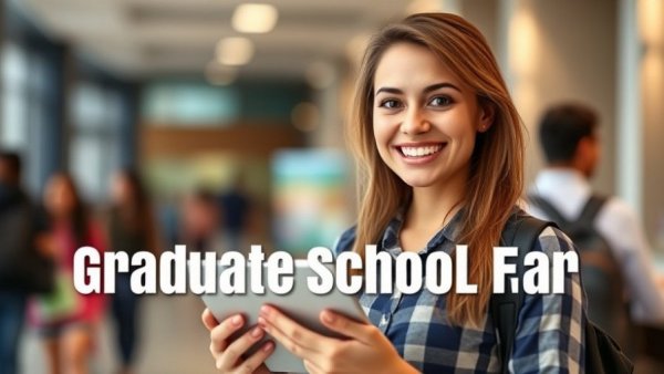 Graduate School Fair flyer with smiling woman holding tablet.
