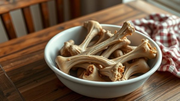 Cooked chicken bones in a bowl, dangers for cats.