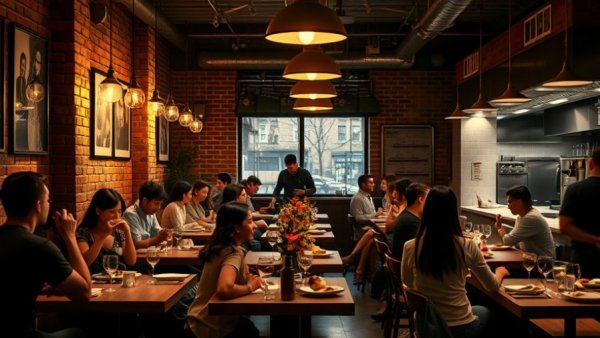 Brooklyn Heights neighborhood restaurant bustling with diners and chefs.