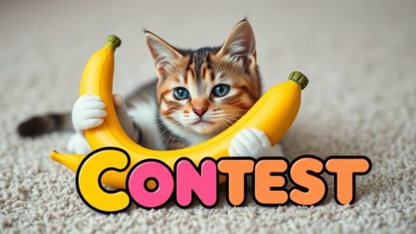 Cat hugging banana toy in weekly photo contest banner.