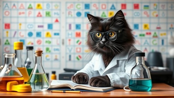 Black cat in glasses and lab coat investigating 'Why do cats blep' in a lab.
