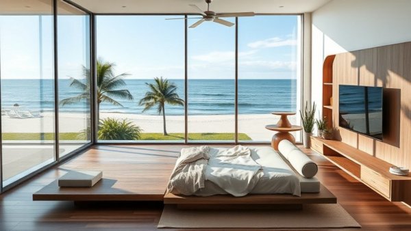 Modern Max Strang Florida architecture bedroom with ocean view.