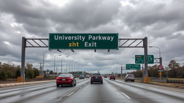 University Parkway closure sign on highway under cloudy sky
