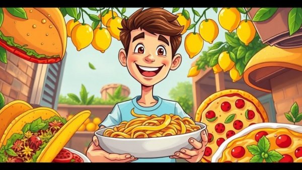 Colorful illustration featuring pasta, tacos, lemons, and pizza ambiance.