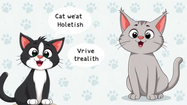 Cat behavior questions with playful cats and speech bubbles about health.