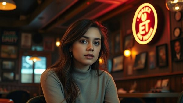 Young woman sitting in a restaurant with a neon sign backdrop, Sam's Restaurant revival.