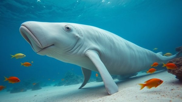 Dugong underwater feeding surrounded by fish, aiding conservation.