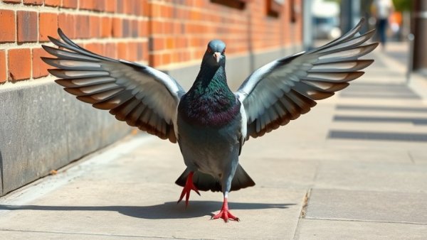 Pigeon in urban setting with wings outstretched, special needs pets adoption perspective.