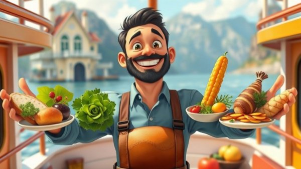 Cartoon man with diverse foods on ship, Constantine Rousouli Diet theme.