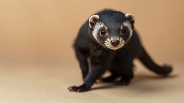 Photorealistic image of dark-furred ferret as part of invasive management.