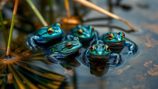 Vibrant blue moor frogs in wetland, showing striking colors.