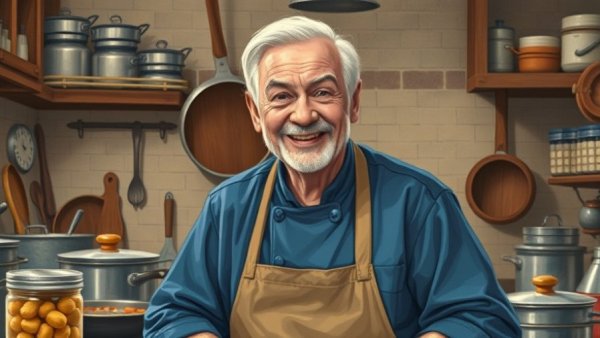 Illustration of chef in blue shirt with kitchenware backdrop