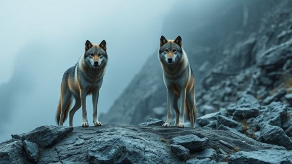 Two wolves in misty rocky terrain, watchful stance, evoking mystery.