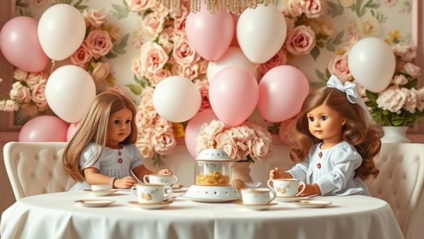 American Girl Doll Tea Party setup with floral backdrop and balloons.