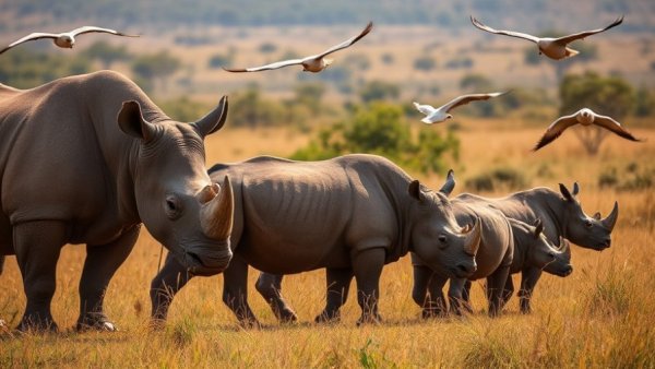 Rhinoceros family grazing with birds; highlights rhino horn trafficking.