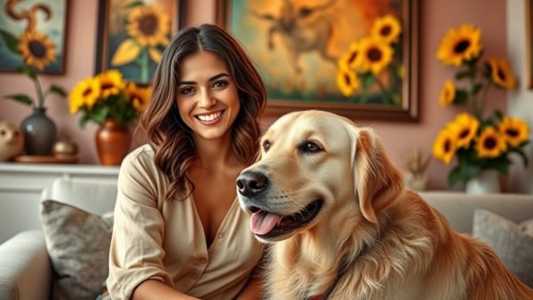 South Florida Pet Community Celebration featuring woman and her golden retriever in a vibrant room.