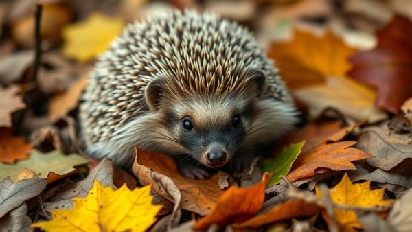 Protect hedgehogs from robotic lawnmowers: Close-up of a hedgehog on autumn leaves.