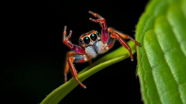 Colorful jumping spider with raised legs on green leaf.