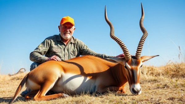 Older man in camouflage with antelope in a grassy field under blue sky.
