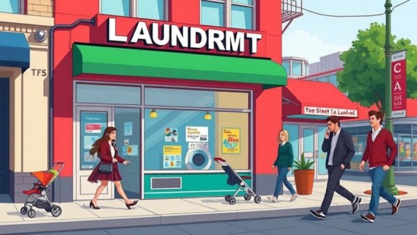 Cartoon city laundromat scene, people walking by