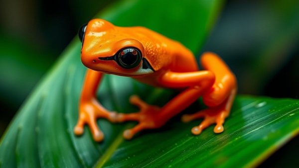 Vibrant orange poison dart frog on a leaf, most poisonous animals.