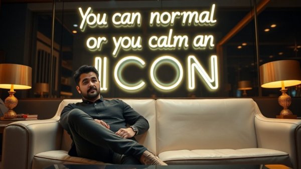 Confident man sitting on sofa with neon sign, Hot & Unbothered vibes.