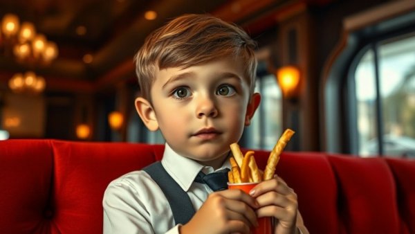 Young boy at kid-friendly restaurant in NYC, contemplating a fry.