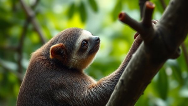 Captive sloth looking back amidst greenery, focus on expression