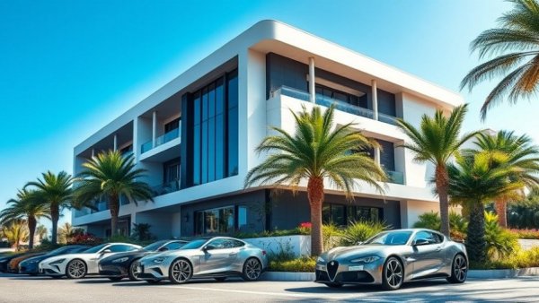 Luxury waterfront residential development Fort Lauderdale with palm trees and luxury cars.